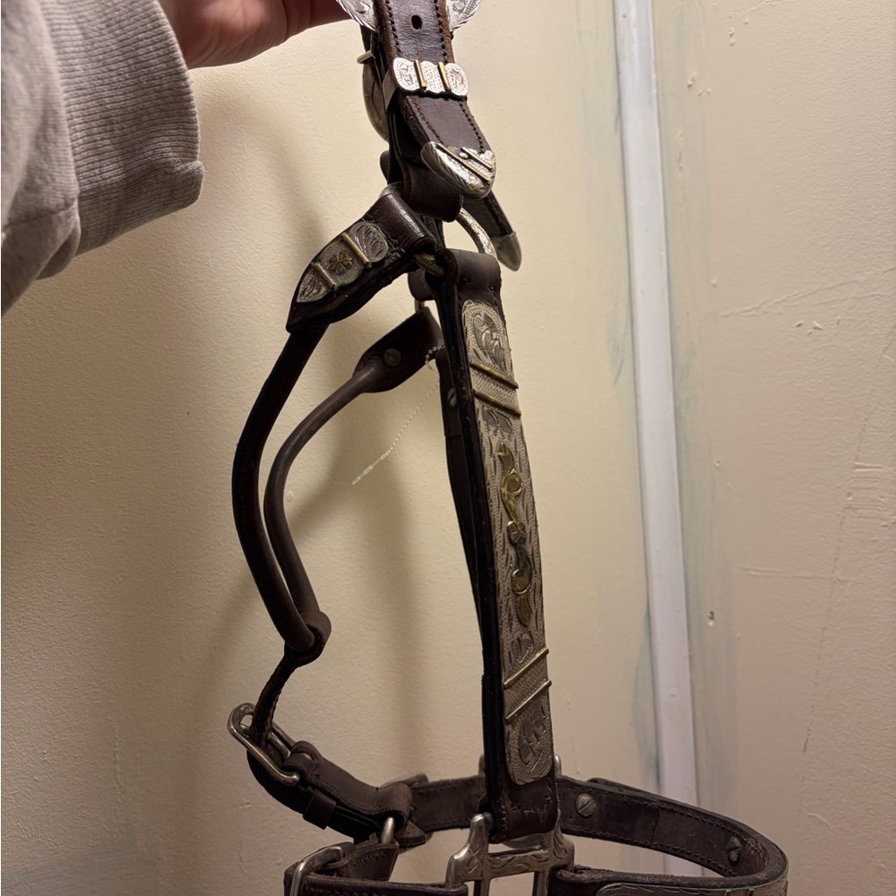 Brown Leather Show Horse Halter with Silver Accents